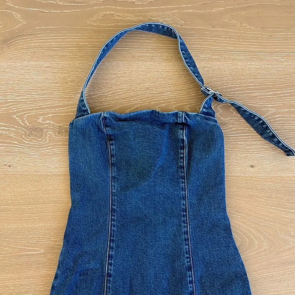 Showpo Denim Mini Dress Halter Neck Peggy Size US 4 Blue - Picture 2 of 7